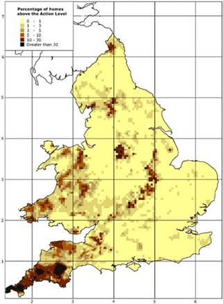 Map of England showing percentage of houses above the action level for Radon gas